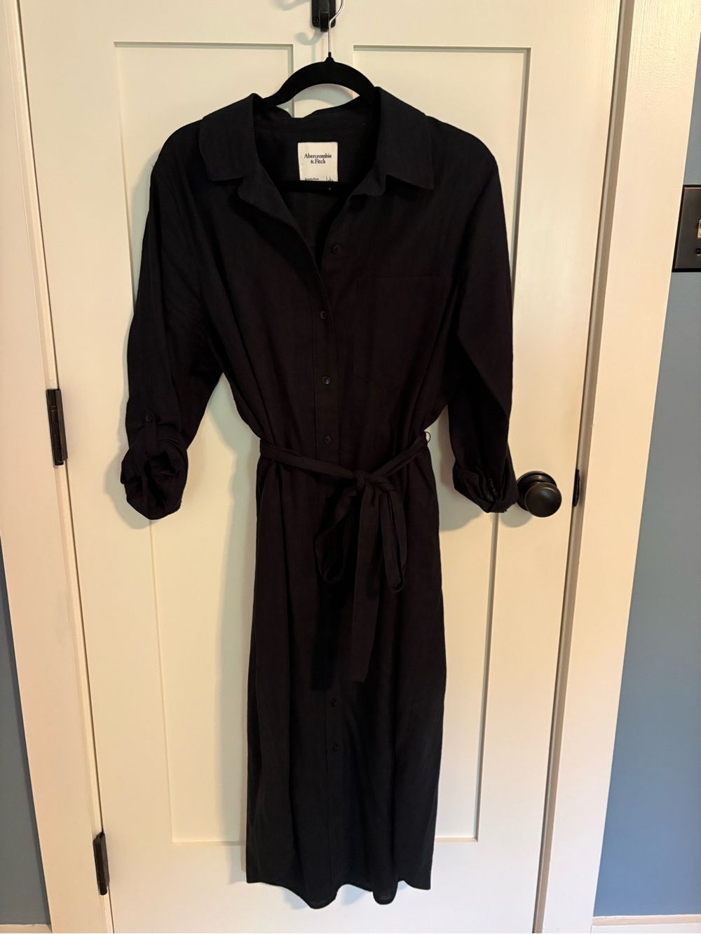Abercrombie & Fitch Black Midi Shirt Dress with Self-Tie Waist